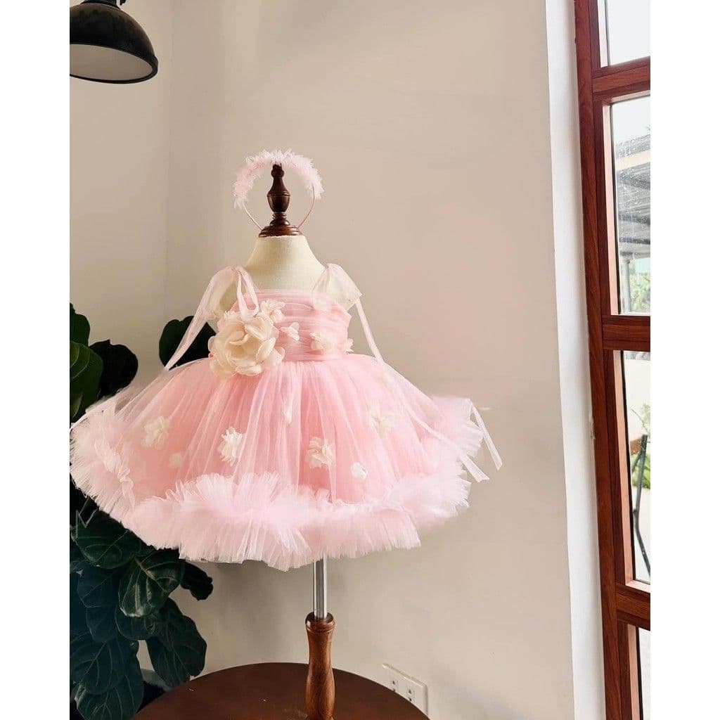 Flower-Petal Princess Dress with Mesh Tie Straps (hair clip)