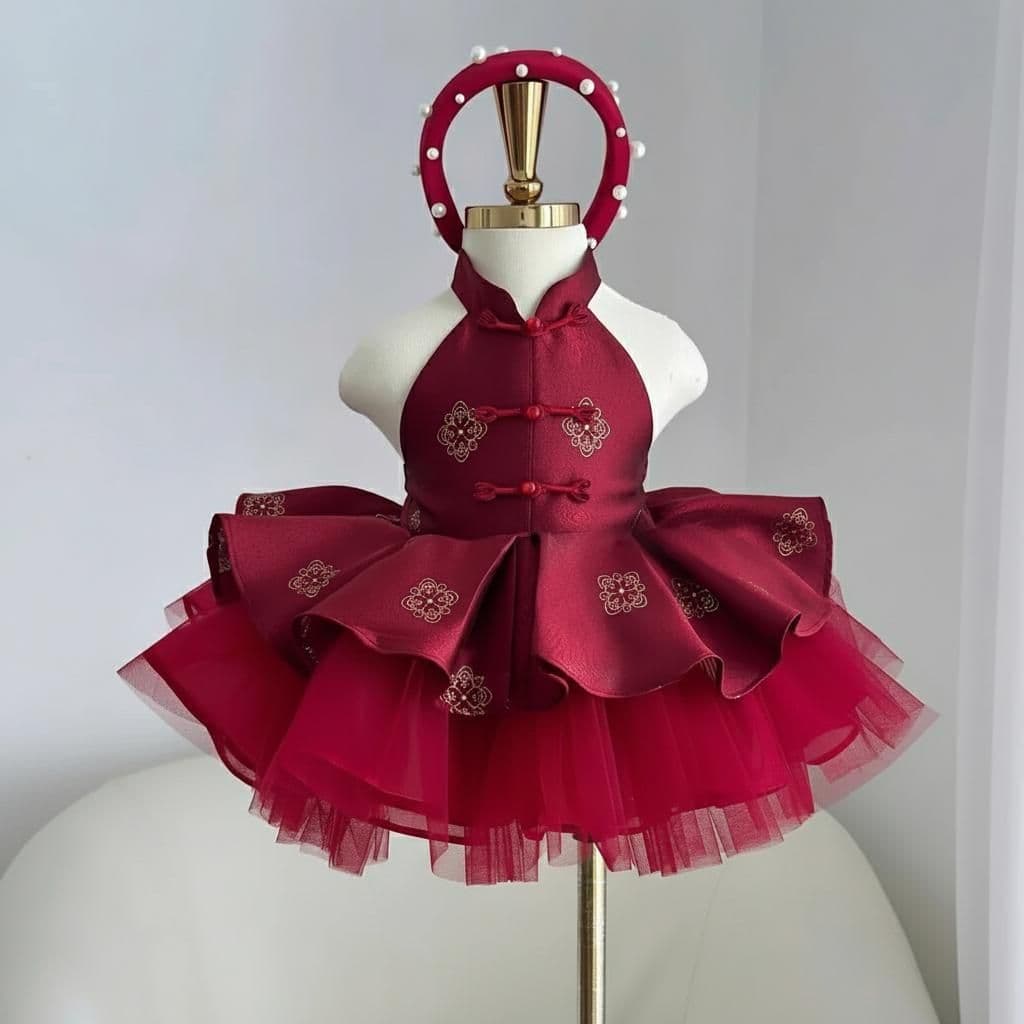 Tết Brocade Yếm Tutu Dress